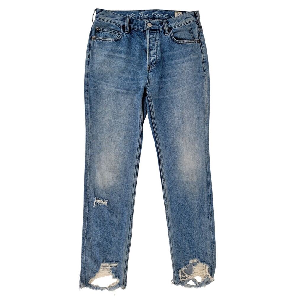 Free People We The Free Womens 26 Straight Jeans Cotton Blue Distressed Raw